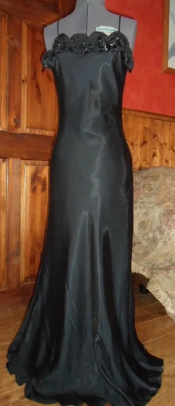 Gothic black satin full length ball gown with satin roses on bodice. Size 8 /10