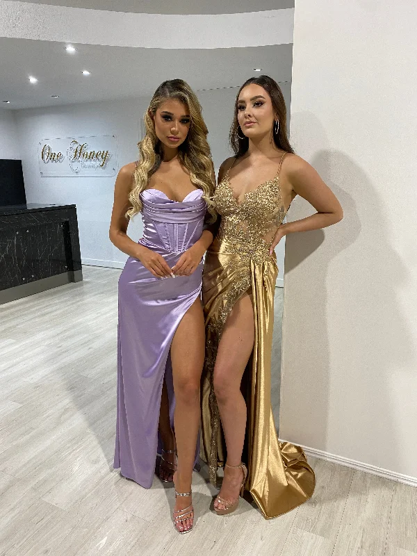 Honey Couture ZENDAYA Lilac Purple Satin Corset Bustier Leg Split Formal Dress (RED TAG FINAL SALE)