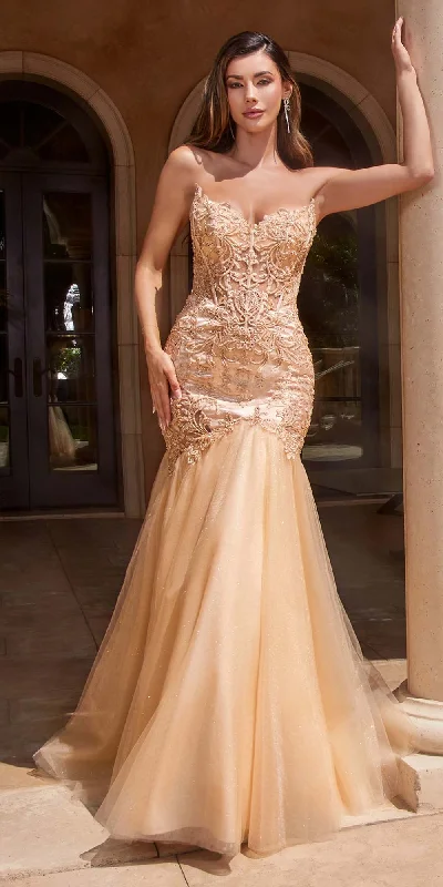 Ladivine CDS482 Long Fitted Strapless Lace and Tulle Mermaid Gown