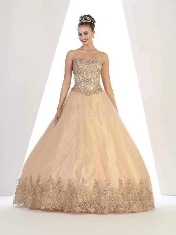 May Queen - LK73 Strapless Sweetheart Gold Lace Embellished Ballgown
