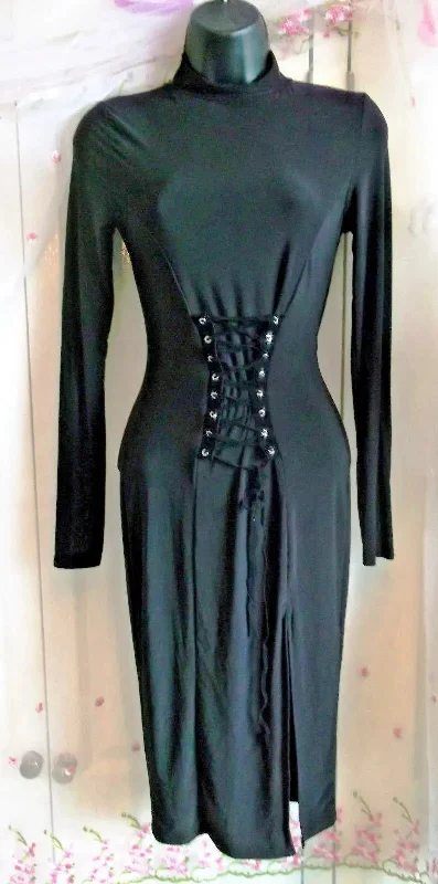 Missguided Black Dress Size 6 Ling Sleeve Body Con Knee Length