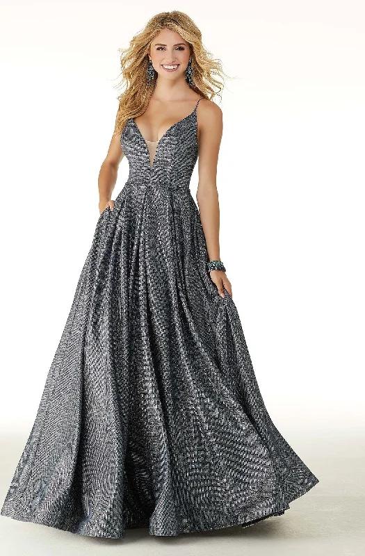 Mori Lee - Metallic Plunging V Neck A-Line Dress 45076