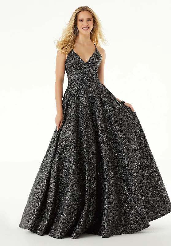 Mori Lee - Plunging V-Neck Glitter Satin A-Line Dress 45048