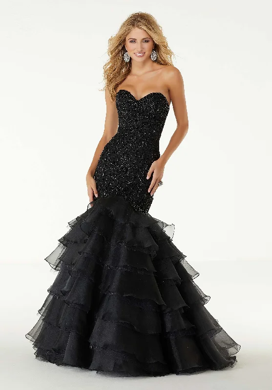 Mori Lee - Sweetheart Jeweled Tulle Tiered Mermaid Dress 45055