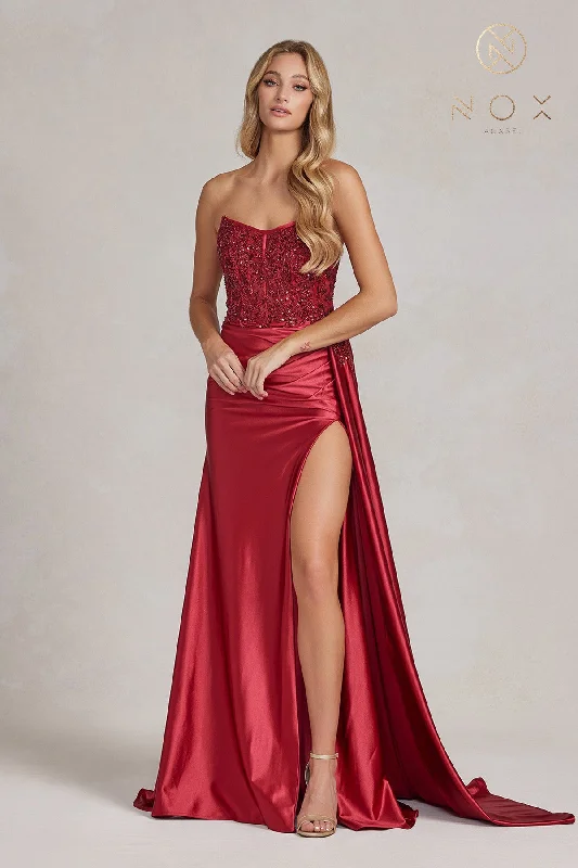 NOX ANABEL E1174 Embroidered Strapless V-Neck Slit Gown