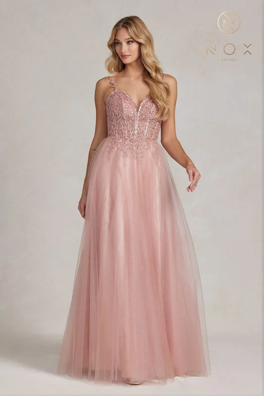 NOX ANABEL F1086 Embroidered A-Line Bodice Tulle Gown