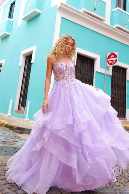 Nox Anabel H1351 Ruffle Shimmer Ballgown Prom Dress Sheer Sequin Corset Formal Gown A Line