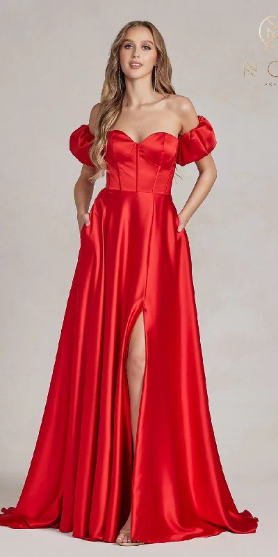 Nox Anabel K1122 Floor Length A-line Satin Gown with Detachable Puff Sleeves