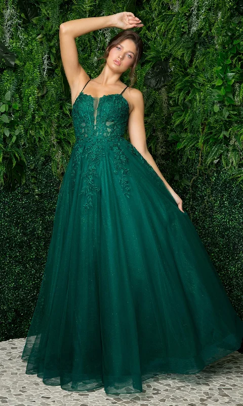 Long Embroidered Sheer-Corset Prom Ball Gown