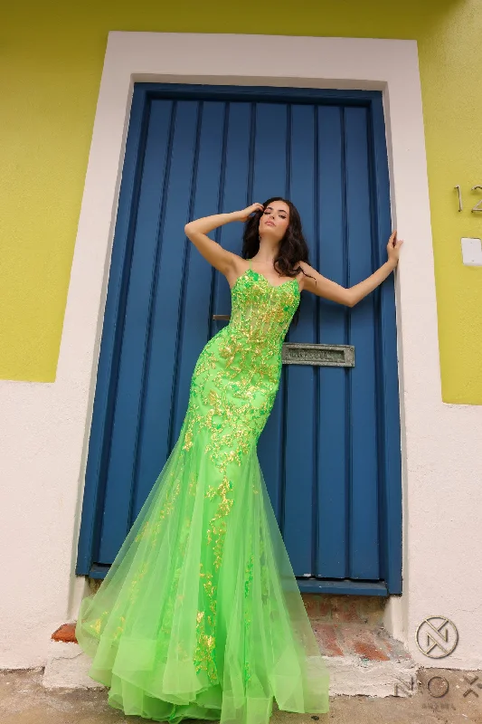 Nox Anabel Q1390 Long Sequin Sheer Corset Mermaid Prom Dress Neon Pageant Gown