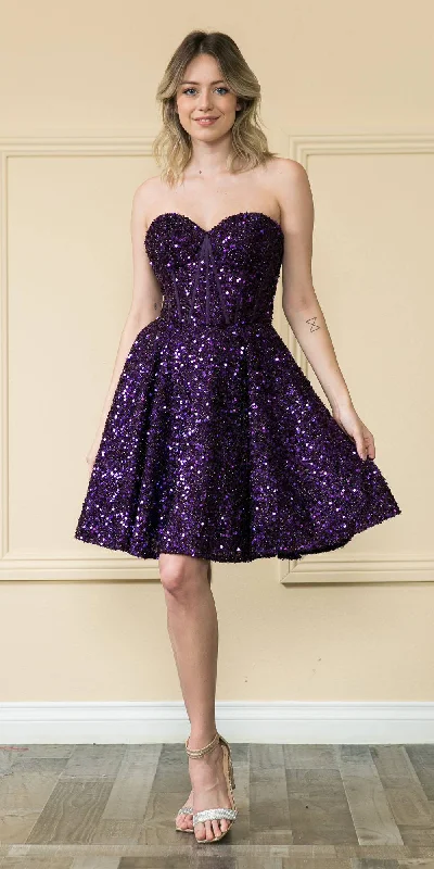 Poly USA 8974 Short Strapless Sequin Corset Bodice A-Line Dress