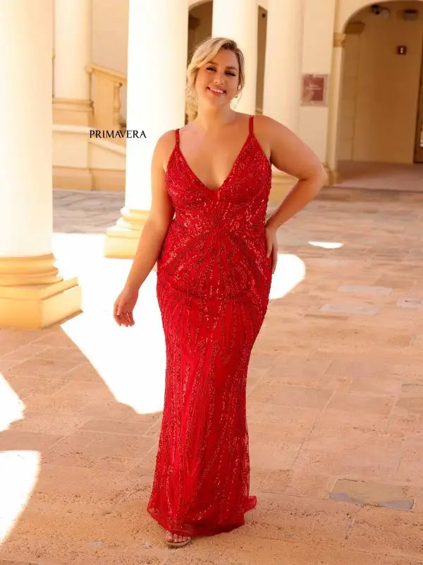Primavera Couture 14044 Long Prom Dress Plus Size Corset Sequin Plunging Neckline Fitted Formal Gown Primavera Couture 14044 Long Prom Dress Plus Size Corset Sequin Plunging Neckline Fitted Formal Gown