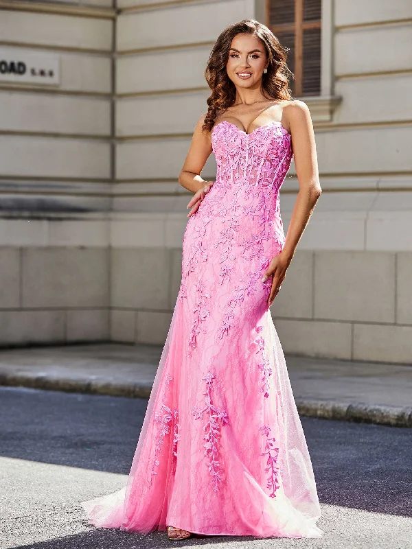 Strapless Lace Up Back Mermaid Tulle Gown Pink