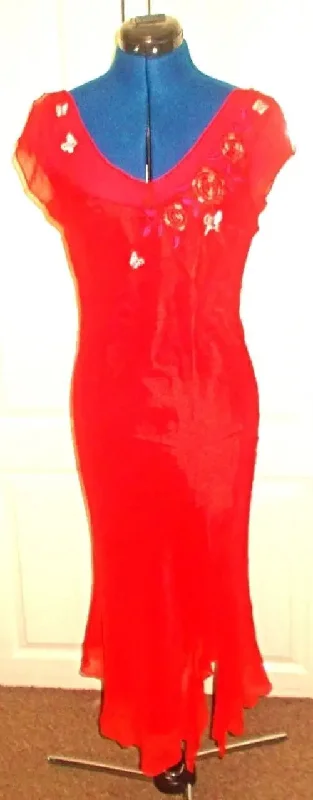 Stunning new red dress MNG label. Hand-embroidered panels, lined, floaty skirt,