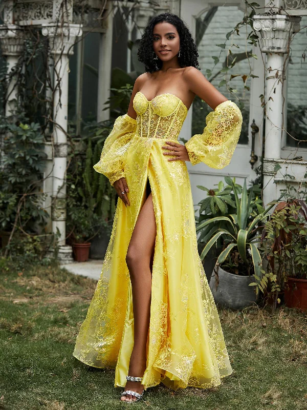 Sweetheart Flowers High Slit Prom Dress Lemon