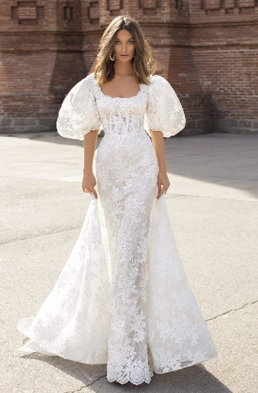 Tarik Ediz - 93841 Scoop Neck Puffed Sleeve Laced Dress