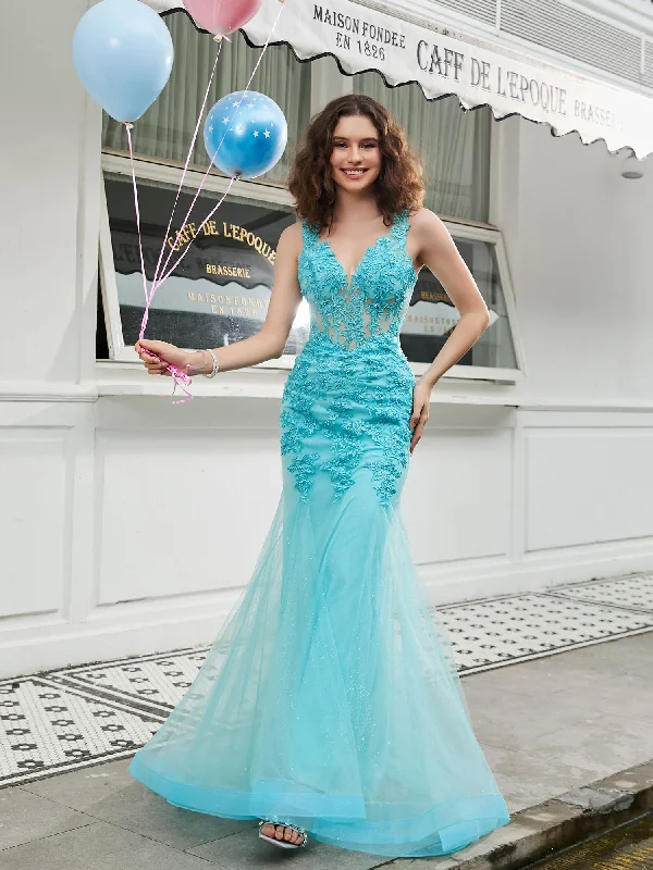 V-neck Appliqued Sheer Corset Mermaid Dress Spa